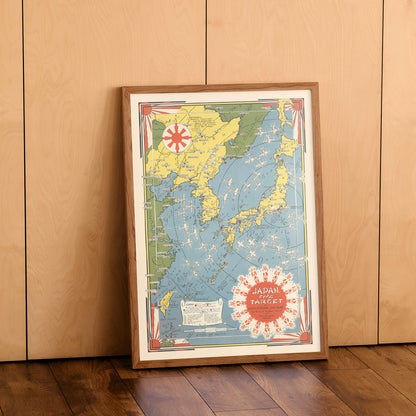 Colorful illustrated map of Japan and surrounding regions by Ernest Dudley Chase titled Japan the Target a Pictorial Jap-map poster, framed and displayed in home decor