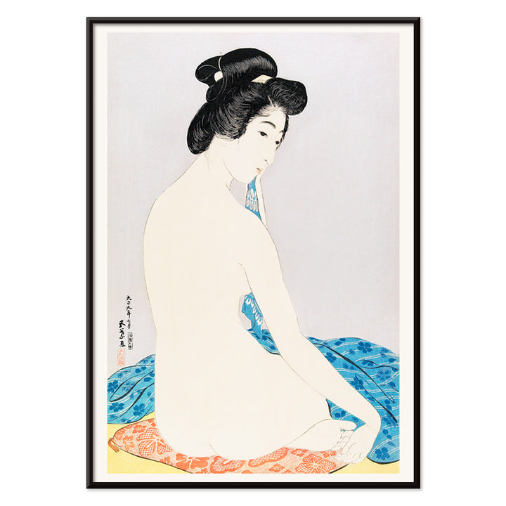 Japanese woman sitting with towel and nude woman on colorful fabrics in Woman After a Bath by Goyo Hashiguchi poster, with black aluminium frame on white background