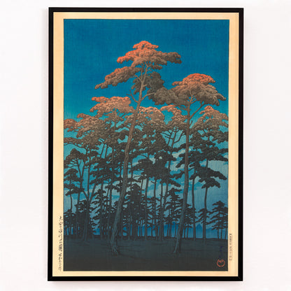 Closeup detail of Tall pine trees with vivid blue sky at Hikawa Park in Omiya by Kawase Hasui Japanese artwork wall art poster