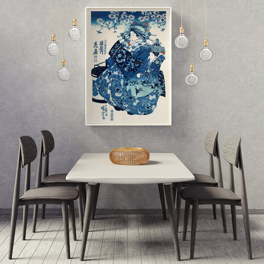 Japanese women in traditional kimono with floral patterns and blossom trees ukiyo-e style artwork by Utagawa Kuniyoshi, framed and displayed in home decor