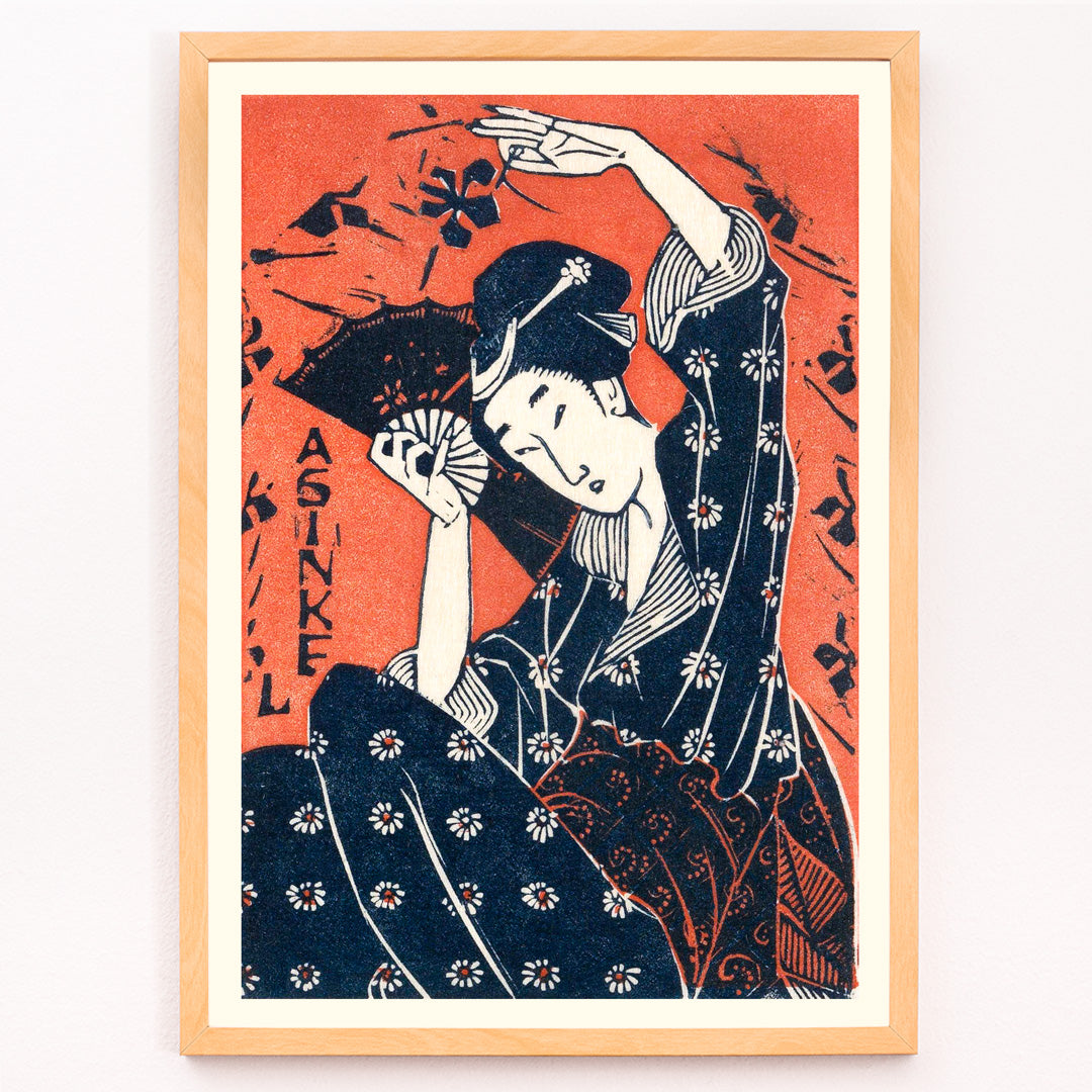 Closeup detail of Japanese woman in traditional kimono holding a fan artwork inspired by Utagawa Hiroshige poster