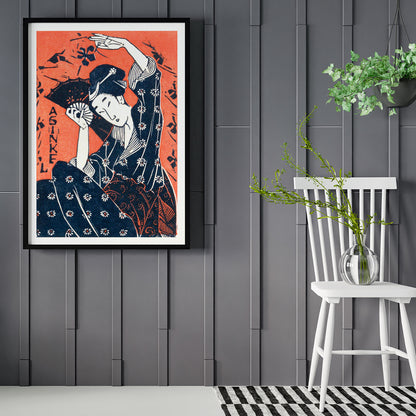 Japanese woman in traditional kimono holding a fan artwork inspired by Utagawa Hiroshige poster, framed and displayed in home decor