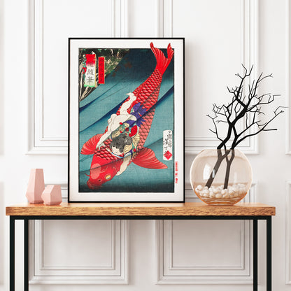 Young boy holding and wrestling a giant red koi fish in vibrant Japanese woodblock print Saito no Oniwakamaru by Tsukioka Yoshitoshi, framed and displayed in home decor