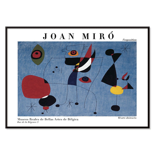 Exhibition poster of abstract artwork Woman and Bird at Night by Joan Miro with colorful shapes on a blue background, with black aluminium frame on white background