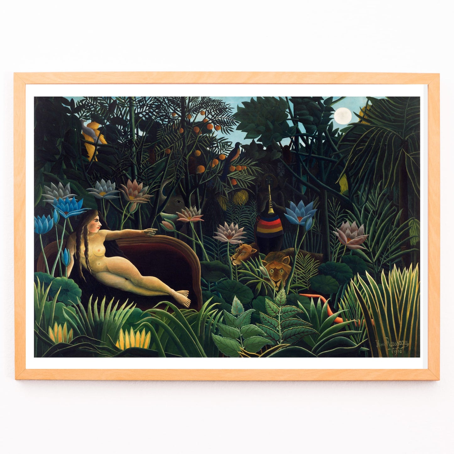 Closeup detail of The Dream by Henri Rousseau poster featuring a nude woman reclining on a sofa in a lush jungle with vibrant plants and exotic animals