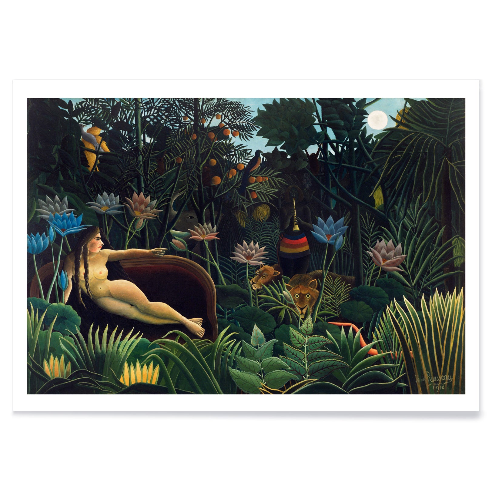 The Dream by Henri Rousseau poster featuring a nude woman reclining on a sofa in a lush jungle with vibrant plants and exotic animals, with black aluminium frame on white background