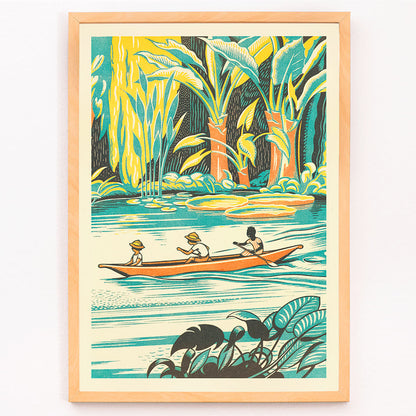 Three people canoeing through lush jungle foliage on a river vibrant greenery A Jungle Picnic Pl by Clifford Webb poster, framed and displayed in modern living room decor