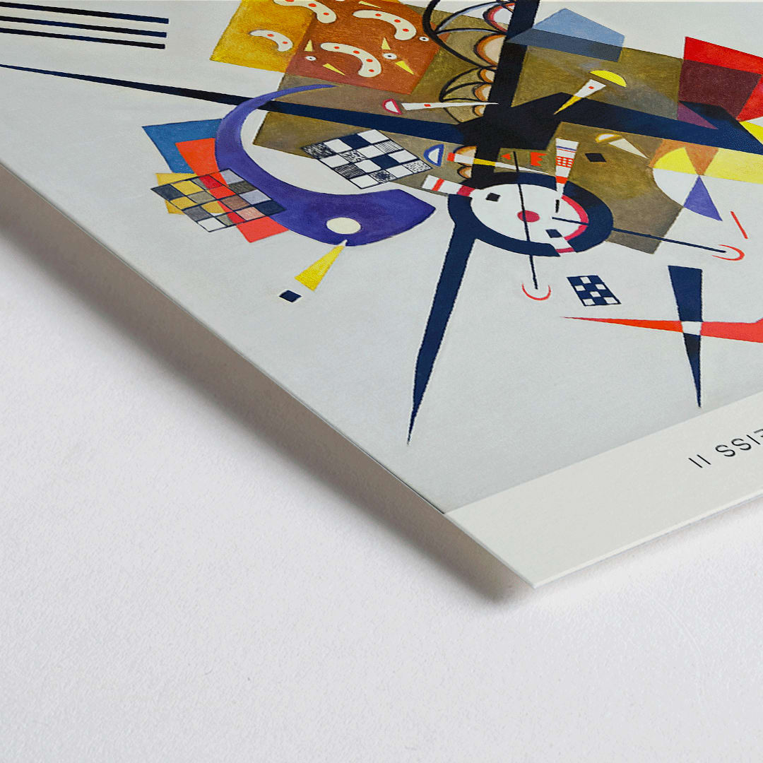 Closeup detail of Abstract artwork Auf Weiss II by Wassily Kandinsky with geometric shapes and vibrant colors displayed at Bauhaus exhibition and featured on Bauhaus Archiv poster for Gestalt exhibition at Berlin museum