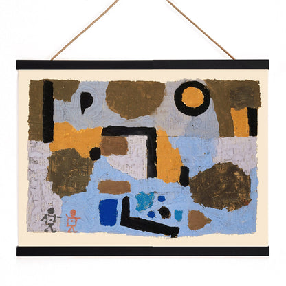 Abstract geometric art in blue and brown earthy tones by Paul Klee titled With the Two Lost Ones poster, with wooden magnetic frame on white background