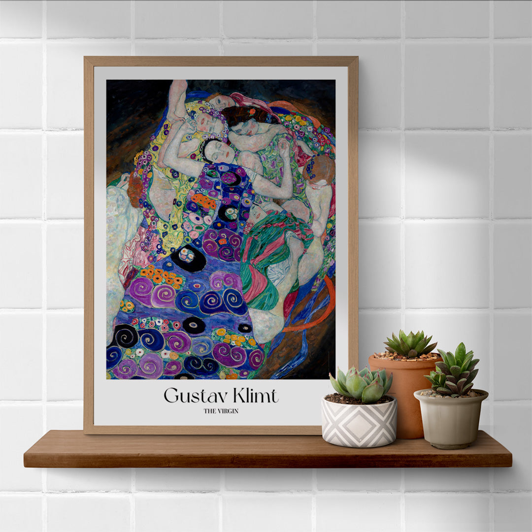Colorful abstract poster of The Virgin by Gustav Klimt featuring intertwined women in vibrant patterned fabrics and floral designs, framed and displayed in home decor