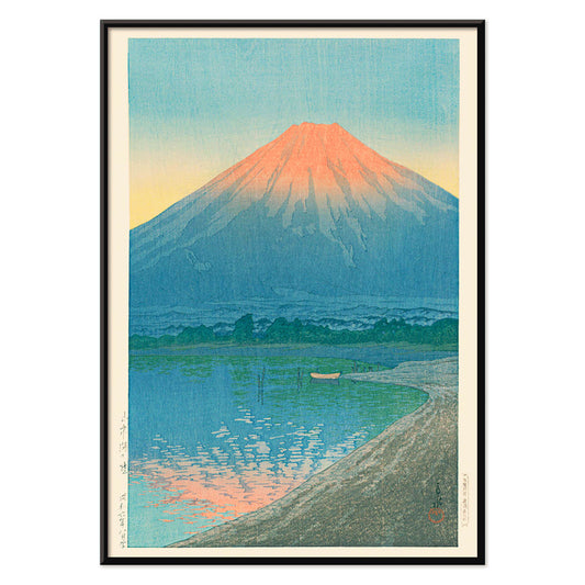 Serene sunrise over Lake Yamanaka with Mount Fuji at dawn by Kawase Hasui Japanese art poster, with black aluminium frame on white background