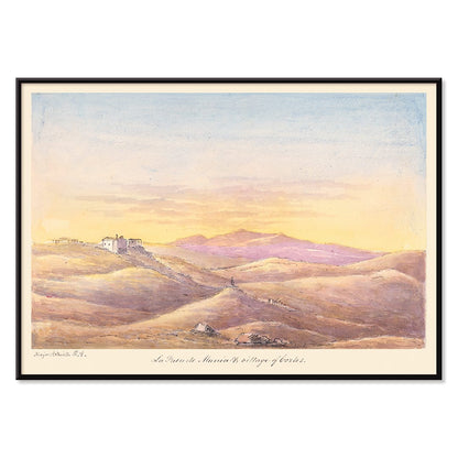 La Fuen de Munia and Village of Cortes by Charles Hamilton Smith scenic landscape poster with hills and distant village, with black aluminium frame on white background