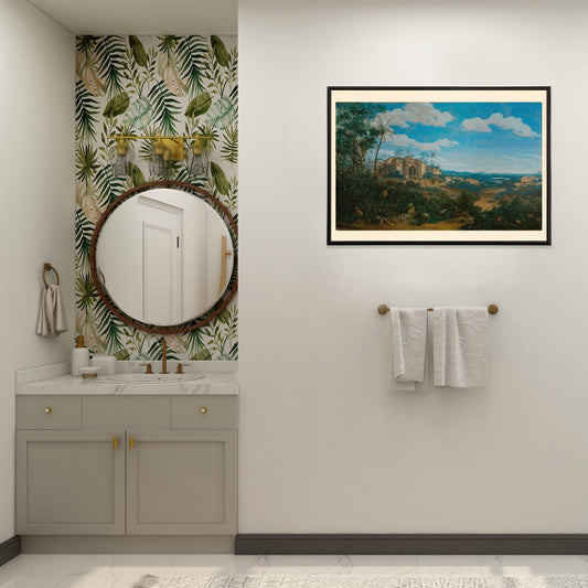 Poster of lush landscape and historic colonial buildings in View of Olinda Brazil by Frans Jansz Post, framed and displayed in home decor