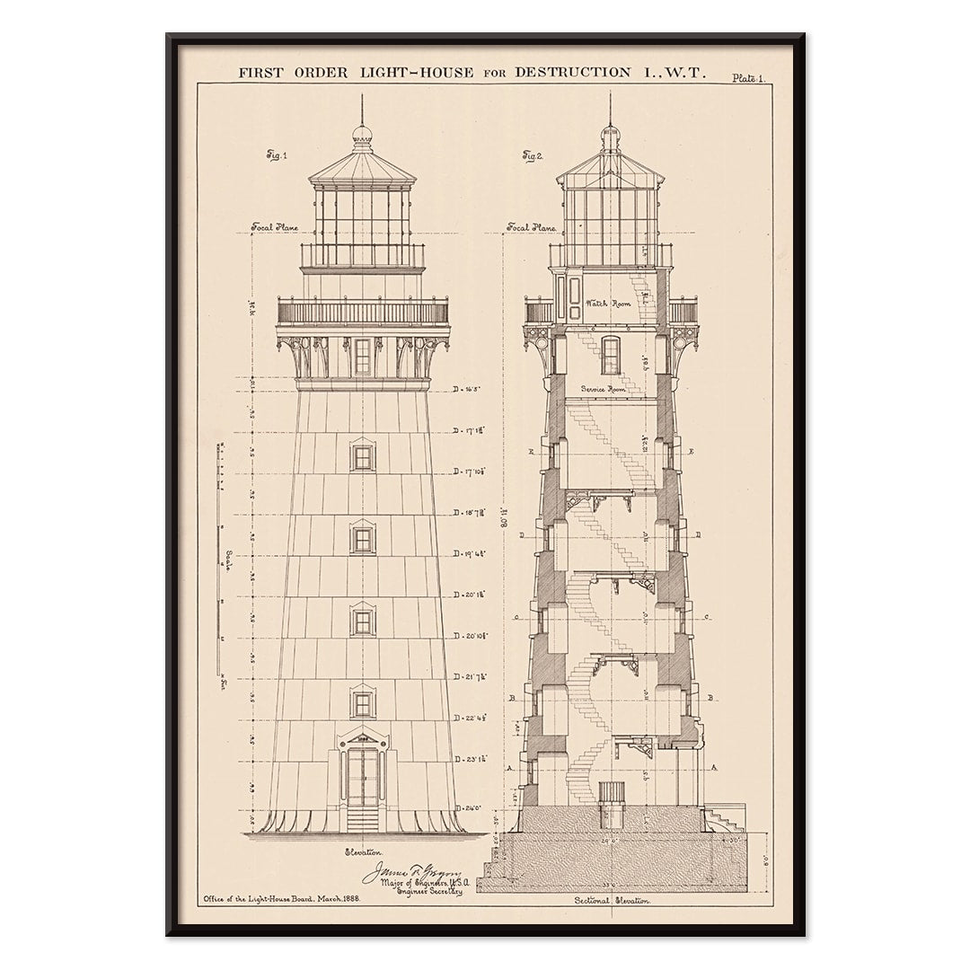 Section and elevation drawing of the Lighthouse at Destruction Island Washington by James G Hill poster, with black aluminium frame on white background