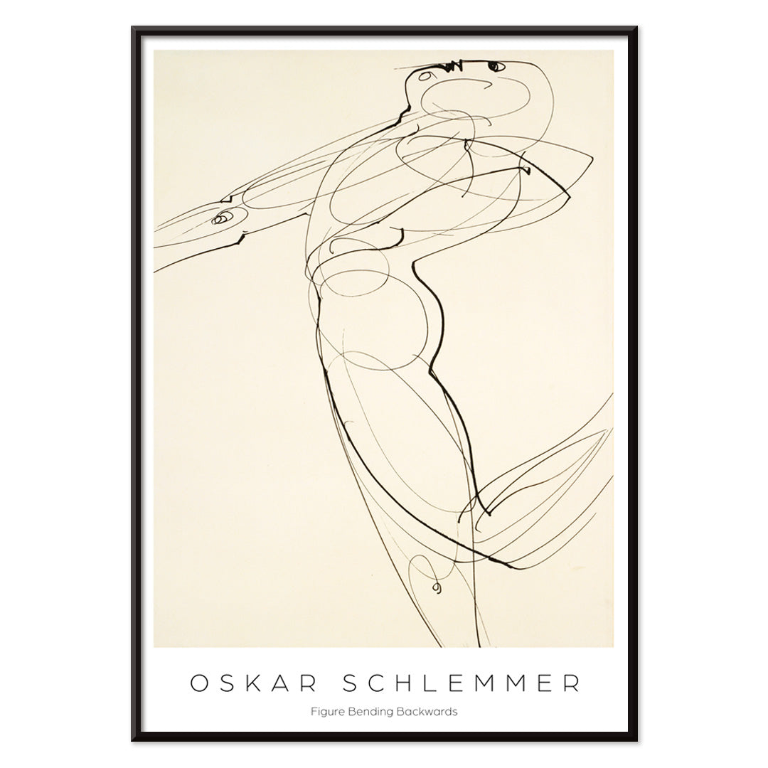 Abstract line drawing poster of a human figure bending backwards by Oskar Schlemmer from Figure Bending Backwards, with black aluminium frame on white background