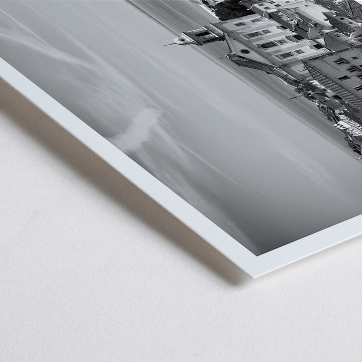 Closeup detail of Lisbon Old City Landscape Black and White Picture 1 showing historic buildings rooftops and ocean view waterfront poster