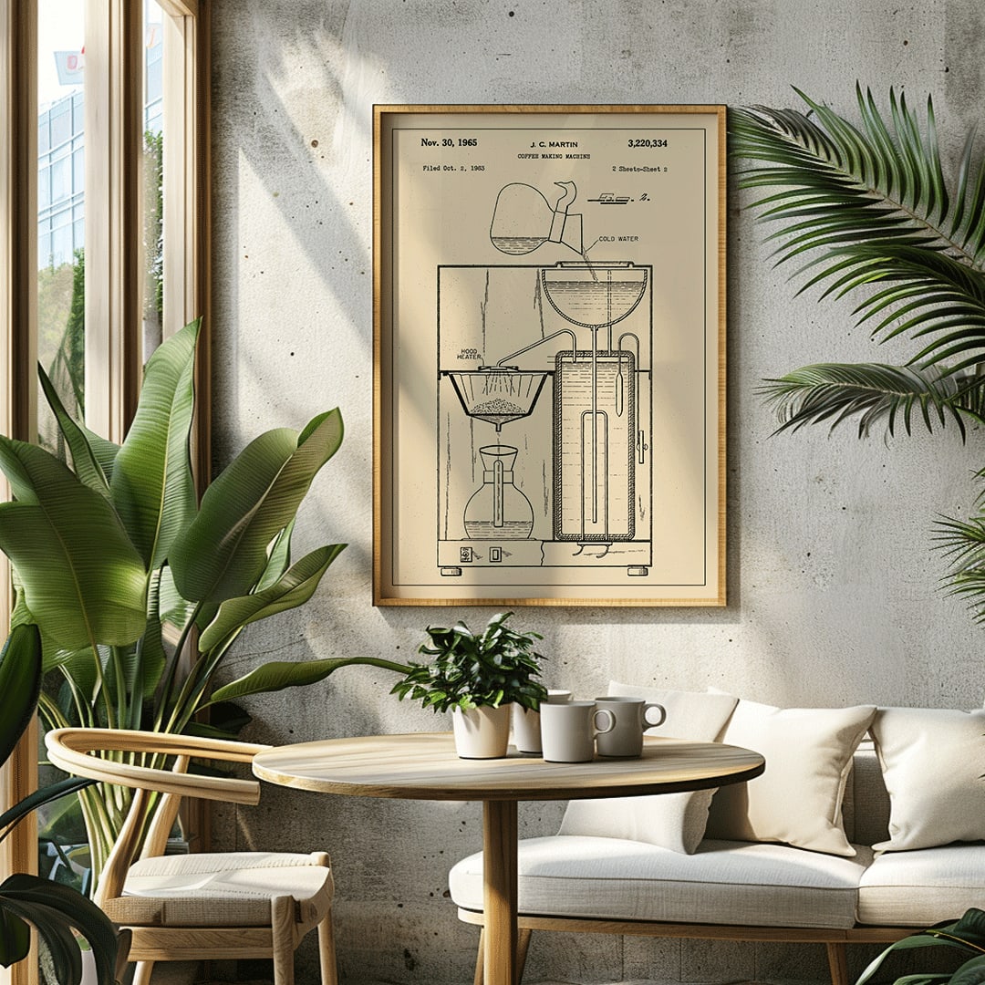 Vintage coffee making machine patent drawing and technical poster by JC Martin with labeled components and mechanisms, framed and displayed in home decor