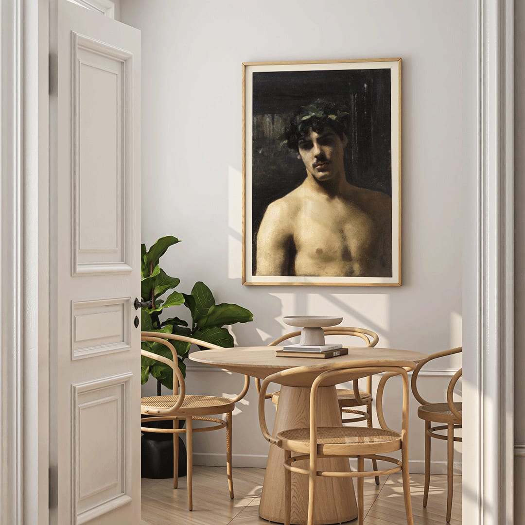 Man Wearing Laurels painting by John Singer Sargent poster featuring a shirtless man with a laurel wreath on his head, framed and displayed in home decor
