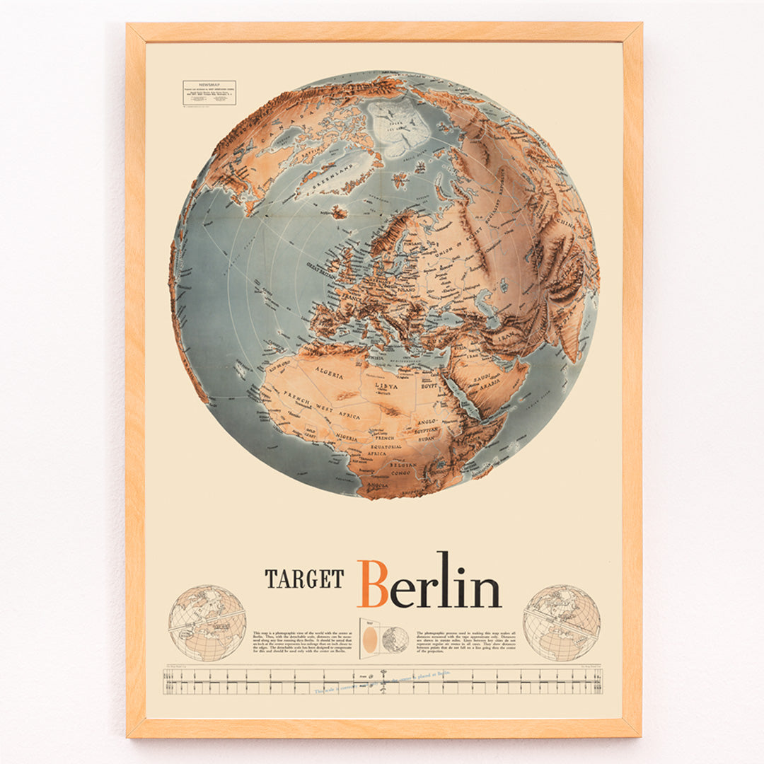 Closeup detail of Vintage map illustration and poster of a globe centered on Europe and Africa with Target Berlin artwork Army Orientation Course by Manning FE