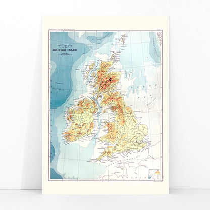 Vintage topographic and physical map poster of the British Isles by John Bartholomew from Gazetteer of the British Isles, framed and displayed in modern living room decor