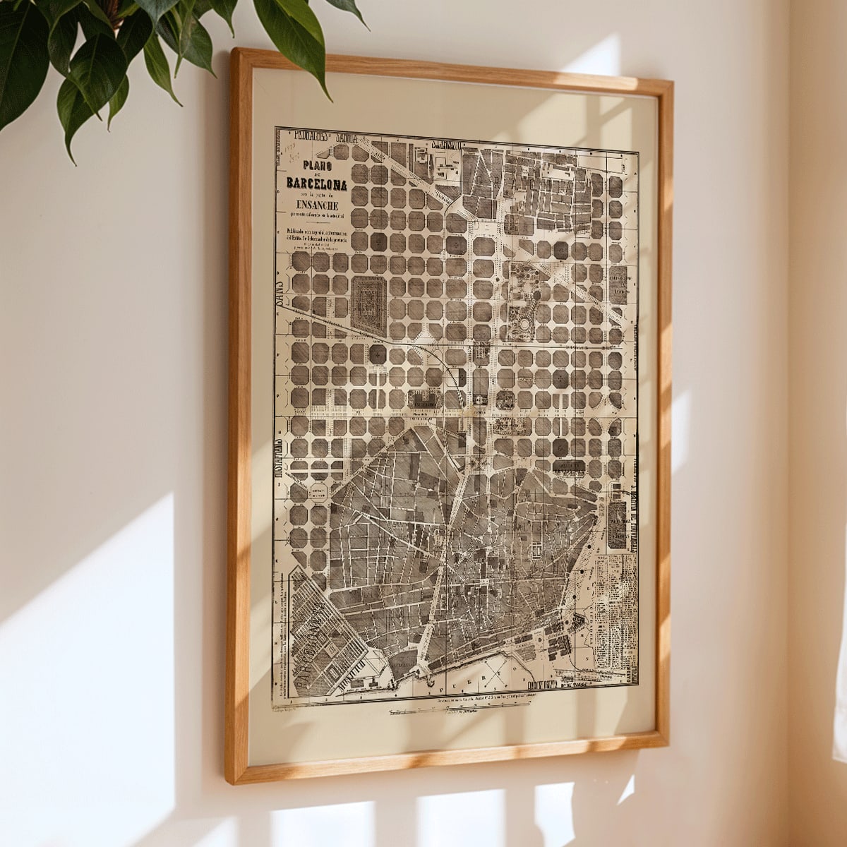 Detailed vintage map of Barcelona poster artwork featuring a city map layout with illustrated streets and blocks, framed and displayed in home decor