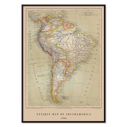 Vintage map of South America by Institute of Liepzig German antique map Brasil detailed geographic features artwork poster, with black aluminium frame on white background