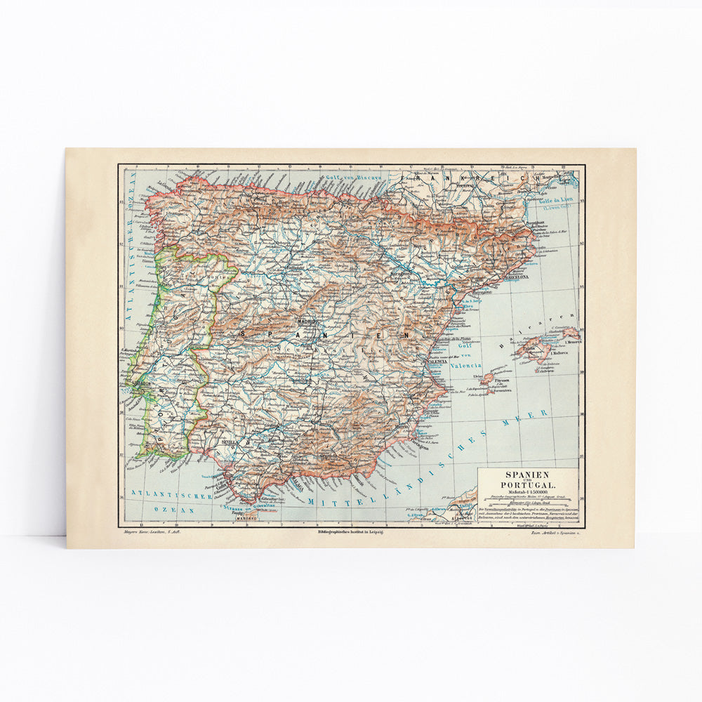Ancient vintage map of Spain and Portugal with detailed regions and borders by Bibliographic institute of Liepzig poster artwork, framed and displayed in modern living room decor