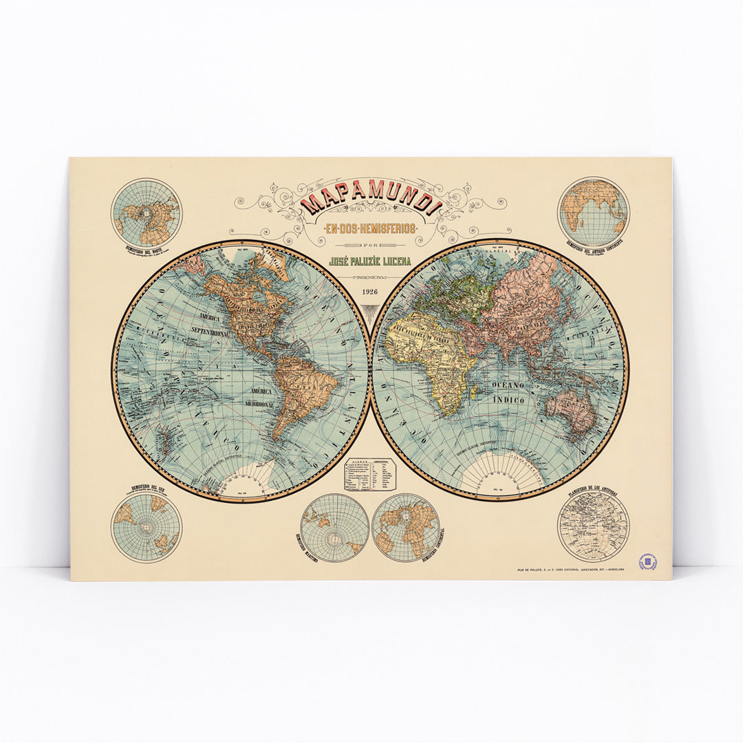 Vintage world map Mapamundi by Paluzie Lucena Josep showing two hemispheres with detailed geography and geographic features poster, framed and displayed in modern living room decor