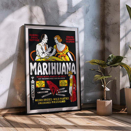 Marihuana movie poster with dramatic illustrations cautionary captions and text highlighting the dangers and consequences of marijuana use, framed and displayed in home decor