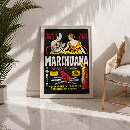 Marihuana movie poster with dramatic illustrations cautionary captions and text highlighting the dangers and consequences of marijuana use, framed and displayed in modern living room decor