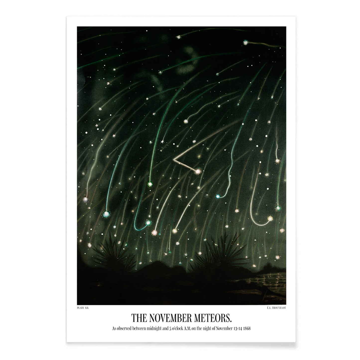 The November Meteors by E L Trouvelot night sky artwork poster featuring bright meteors streaking above a dark landscape, with black aluminium frame on white background