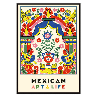 Colorful Mexican folk art illustration and poster featuring vibrant birds musicians flowers and patterns from Mexican Art and Life, with black aluminium frame on white background