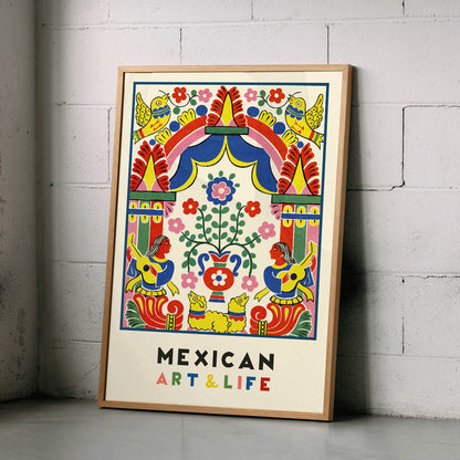 Colorful Mexican folk art illustration and poster featuring vibrant birds musicians flowers and patterns from Mexican Art and Life, framed and displayed in home decor