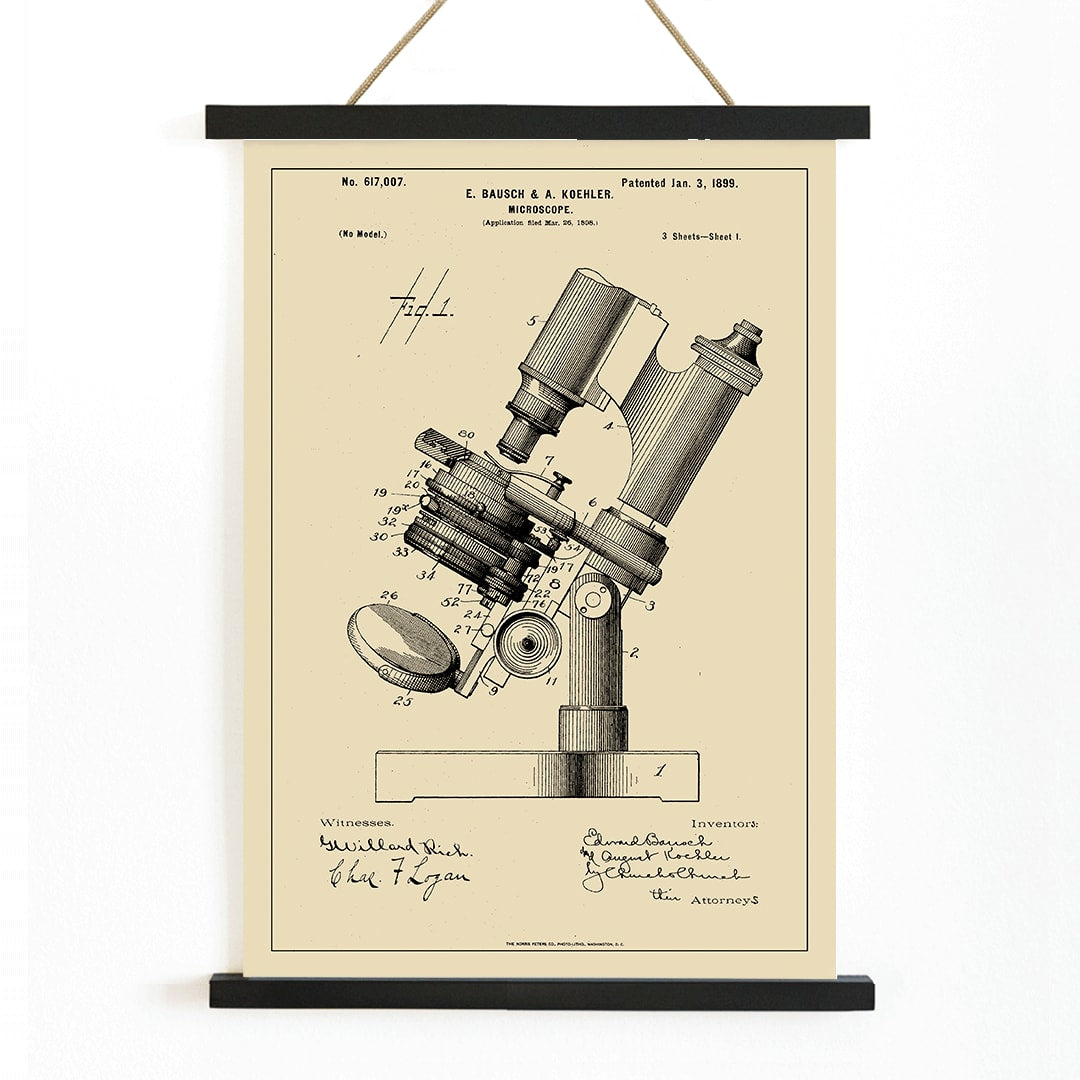 Detailed illustration and poster of microscope patent by E Bausch featuring detailed drawing titled Microscope Patent, with wooden magnetic frame on white background