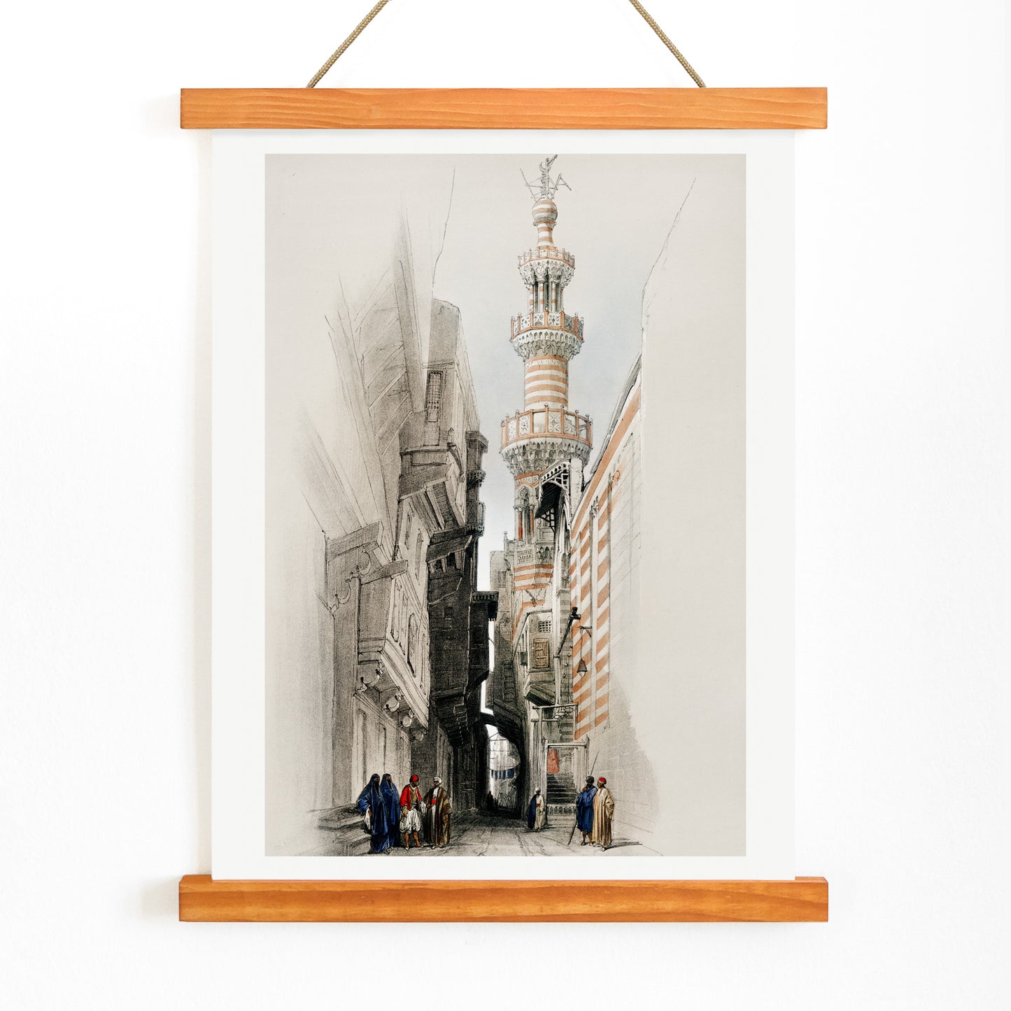 Minaret of the mosque The Rhamree with people in traditional attire street view and poster artwork by David Roberts, with wooden magnetic frame on white background