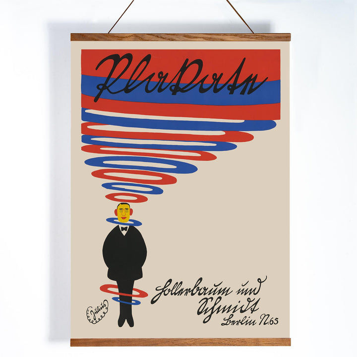Julius Klinger Hollerbaum und Schmidt poster with red and blue spiral lettering and minimalist suited figure on beige background, with wooden magnetic frame on white background