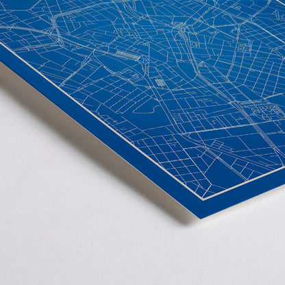 Closeup detail of Minimalist blue map of Sao Paulo city with white street lines and skyline by artist Anonymous titled Minimalist Sao Paulo Map