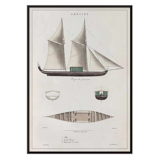 Amboine by J Tastu minimalist sailing ship poster with detailed hull and sail diagrams in soft beige tones, with black aluminium frame on white background