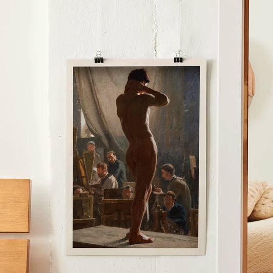 Model study in an art studio by Laurits Tuxen poster of a model posing with artists sketching in Bonnats studio, framed and displayed in home decor