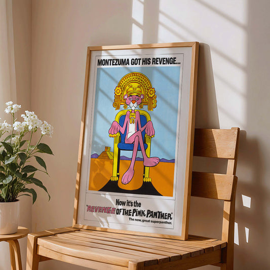 Pink Panther Montezuma themed artwork and poster titled Revenge of the Pink Panther featuring the Pink Panther sitting on a throne, framed and displayed in home decor