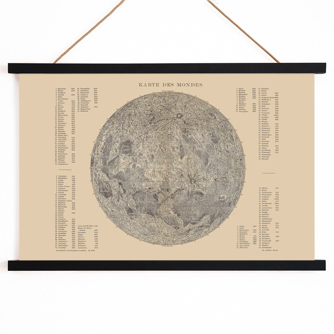 Detailed lunar surface illustration and poster with labeled features titled Map of the Moon by The Institute of Liepzig artwork, with wooden magnetic frame on white background
