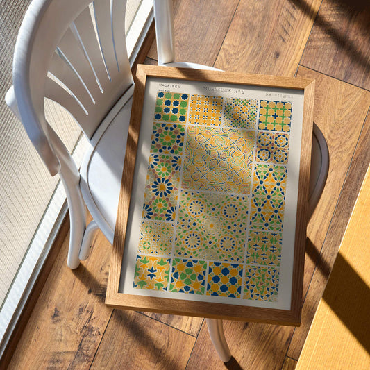 Moresque 5 vintage pattern by Owen Jones with colorful geometric tile designs from Grammar of Ornament book, framed and displayed in home decor