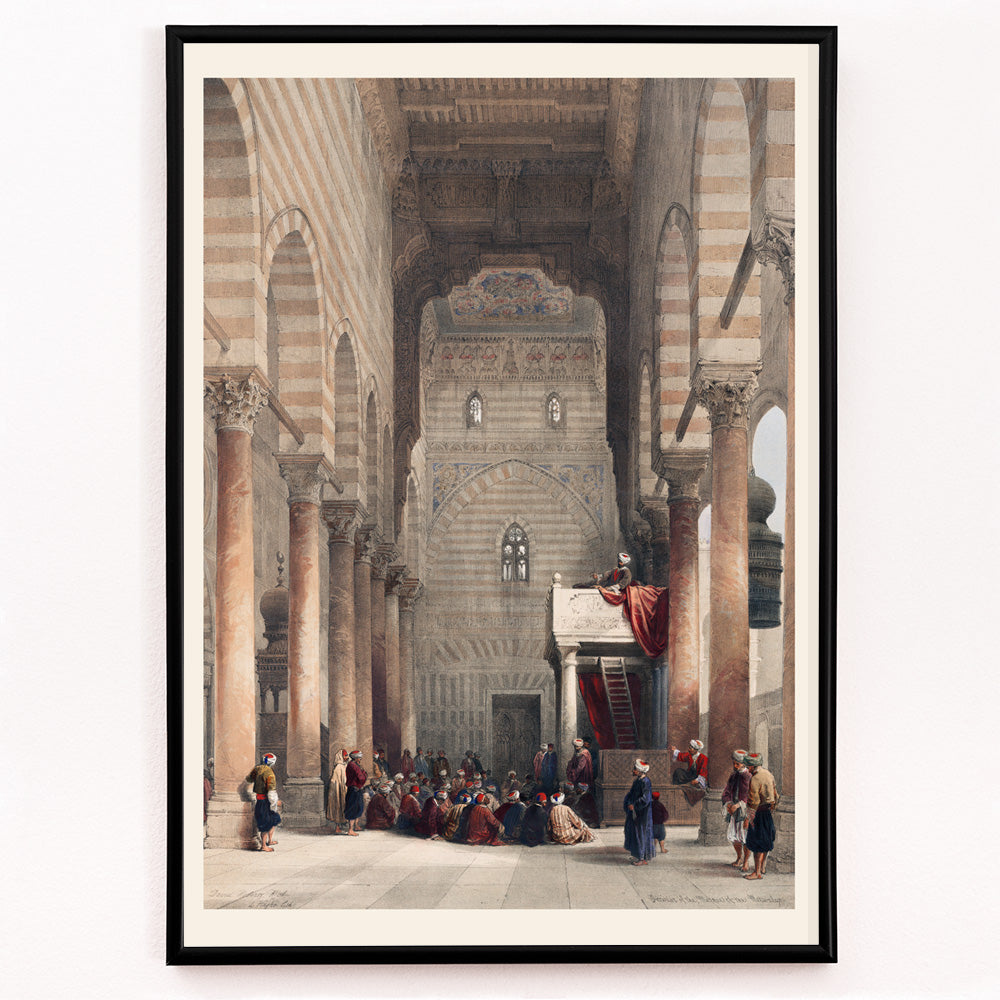 Closeup detail of Interior of the mosque of the Metwalys by David Roberts with architectural details and people gathered inside grand hall poster