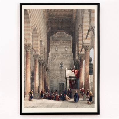 Closeup detail of Interior of the mosque of the Metwalys by David Roberts with architectural details and people gathered inside grand hall poster
