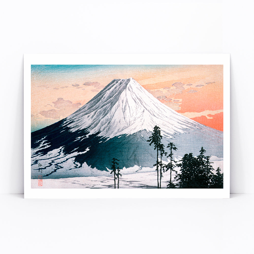 Colorful landscape and snowy mountain with trees at sunrise Katsuyama Neighborhood artwork by Hiroaki Takahashi, framed and displayed in modern living room decor