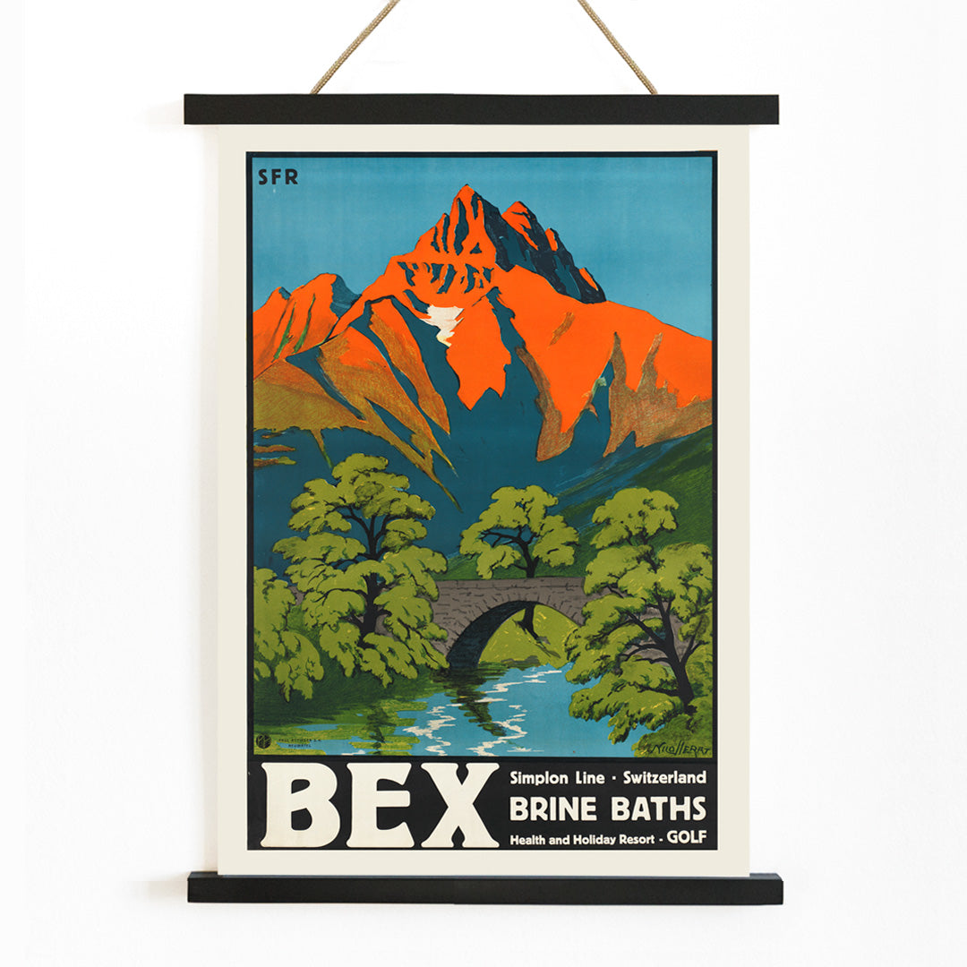 Colorful vintage Swiss mountain landscape with stone bridge and river artwork Bex Brine Baths by Aime Felix Nicollerat, with wooden magnetic frame on white background