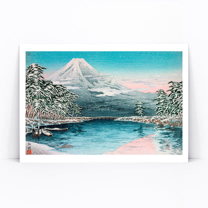 Snow covered Mount Fuji with river trees tranquil lake boats and pine trees Mt Fuji from Tagonoura by Takahashi Hiroaki Japanese landscape art, framed and displayed in modern living room decor