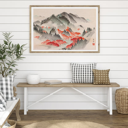 Heian meisho Japanese landscape poster with misty mountains vibrant autumn foliage and red trees in traditional painting style, framed and displayed in home decor
