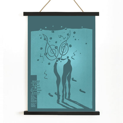 Poster for Hodie School of Music Christmas concert by Lanny Sommese featuring abstract figures with musical notes on a teal background, with wooden magnetic frame on white background