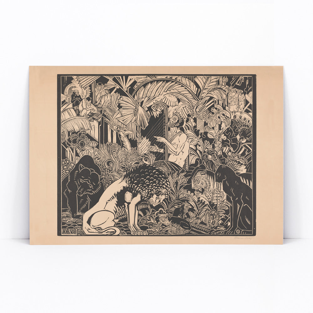 Orpheus playing harp surrounded by animals in lush jungle artwork by Henri van der Stok poster, framed and displayed in modern living room decor